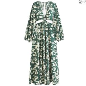 NWOT Abercrombie & Fitch Long-Sleeve Plunge Cutout Maxi Dress, SP, Green Pattern